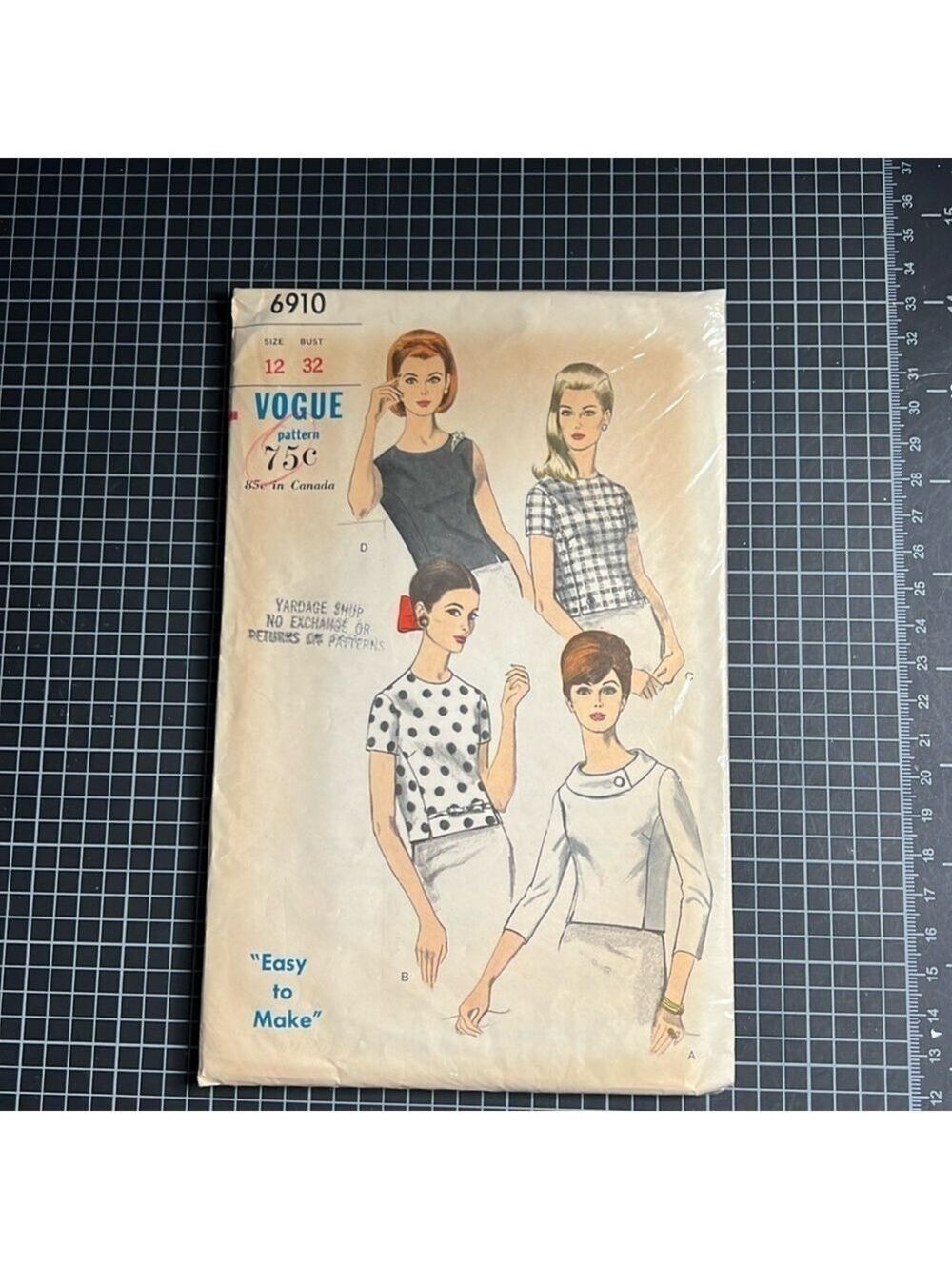 Vogue sewing pattern 6910, Misses size 12, bust 32.  Vintage, 4 versions, top.
